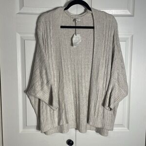 Barefoot Dreams Cozy Chic Lite Cardigan Women L/XL Beige Batwing Cable Knit Open